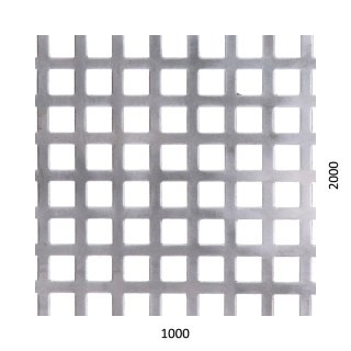 Děrovaný plech čtvercový řadový Zn, otvor: 10 x 10 mm, rozteč: 14 mm, (1000x2000x1,0 mm)