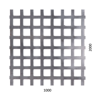 Děrovaný plech čtvercový řadový Fe, otvor: 10x10 mm, rozteč: 15 mm, (1000x2000x2,0 mm)