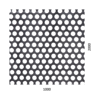 Děrovaný plech kruhový přesazený Fe, otvor: ø 10 mm, rozteč: 15 mm, (1000x2000x1 mm)